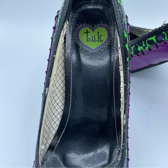 TUK T.U.K. Green & Purple Stitches Animal Print Heels Pin-up Sz 6 Halloween - Picture 6 of 11